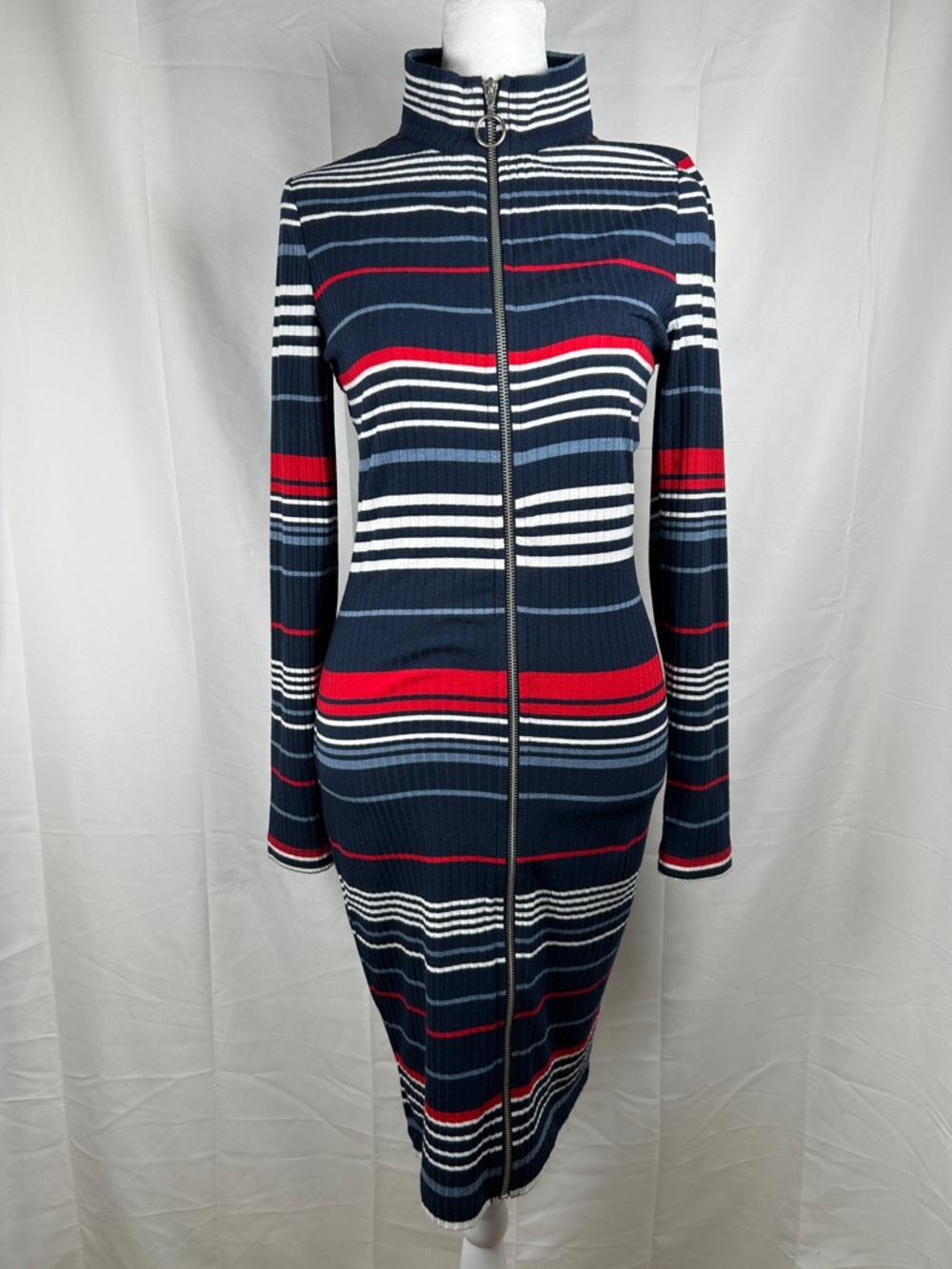 Venus Knit Striped Dress XS Blue Red White Full Zip Long Cardigan High Neck